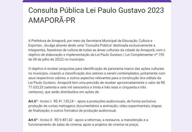 Consulta Pública Lei Paulo Gustavo 2023 Amaporã - PR