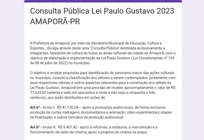 Consulta Pública Lei Paulo Gustavo 2023 Amaporã - PR